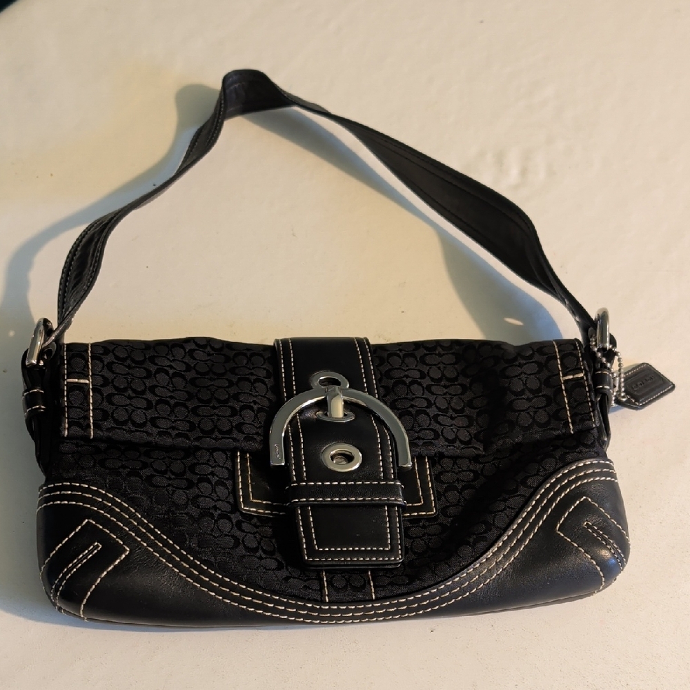 Coach Black Signature Canvas Shoulder Clutch with Silver Hardware